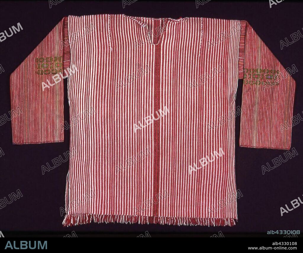 Shirt (Camisa), 1850/1900, Maya, Guatemala, Guatemala, Cotton, warp-faced plain weave in stripes formed by paired warps and wefts, inset sleeves with embroiderd decorations, 60.3 x 128.9 cm (23 3/4 x 50 3/4 in.).