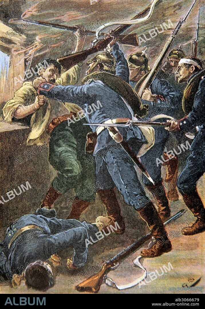 PRIMERA GUERRA MUNDIAL (1914-1918). La destruccion del molino. Grabado coloreado del s. XX.