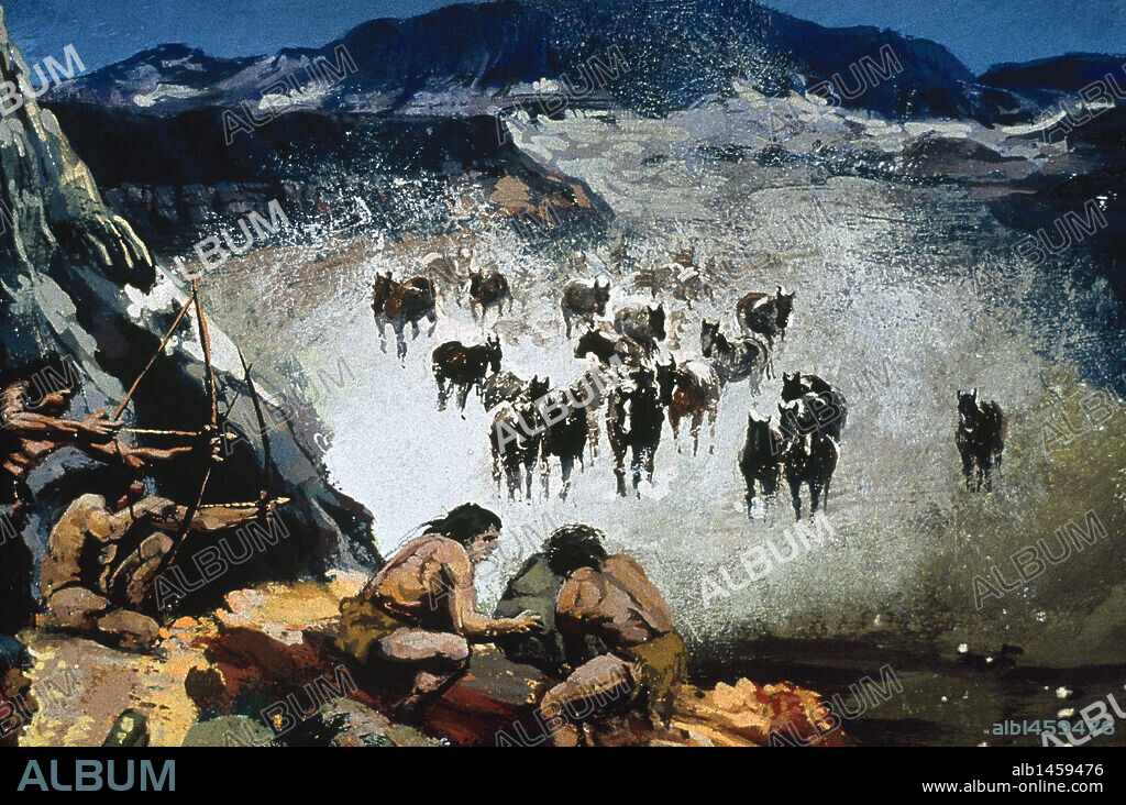 PREHISTORIA. CAZA DEL CABALLO SALVAJE. Dibujo.