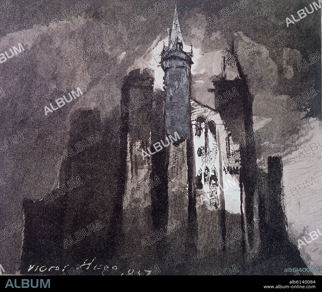 VICTOR HUGO (1802-1885). DIBUJO -RUINAS DE CASTILLO-S XIX-ROMANTICISMO FRANCES.