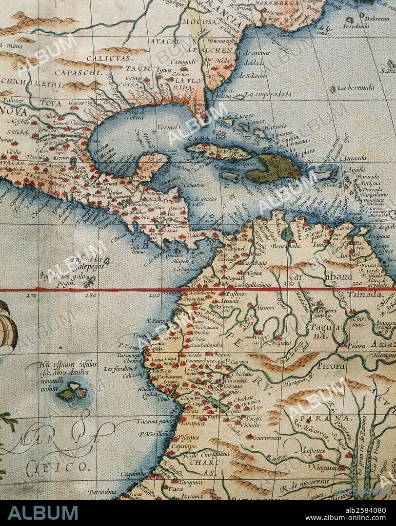 MAPA DEL CONTINENTE AMERICANO (AMERICA CENTRAL, ANTILLAS Y AMERICA DEL SUR). Obra de Abraham ORTELIUS, editor del atlas "Teatrum Orbis Terrarum". Primera edición de Amberes del año 1574 Biblioteca de Cataluña. Barcelona.
