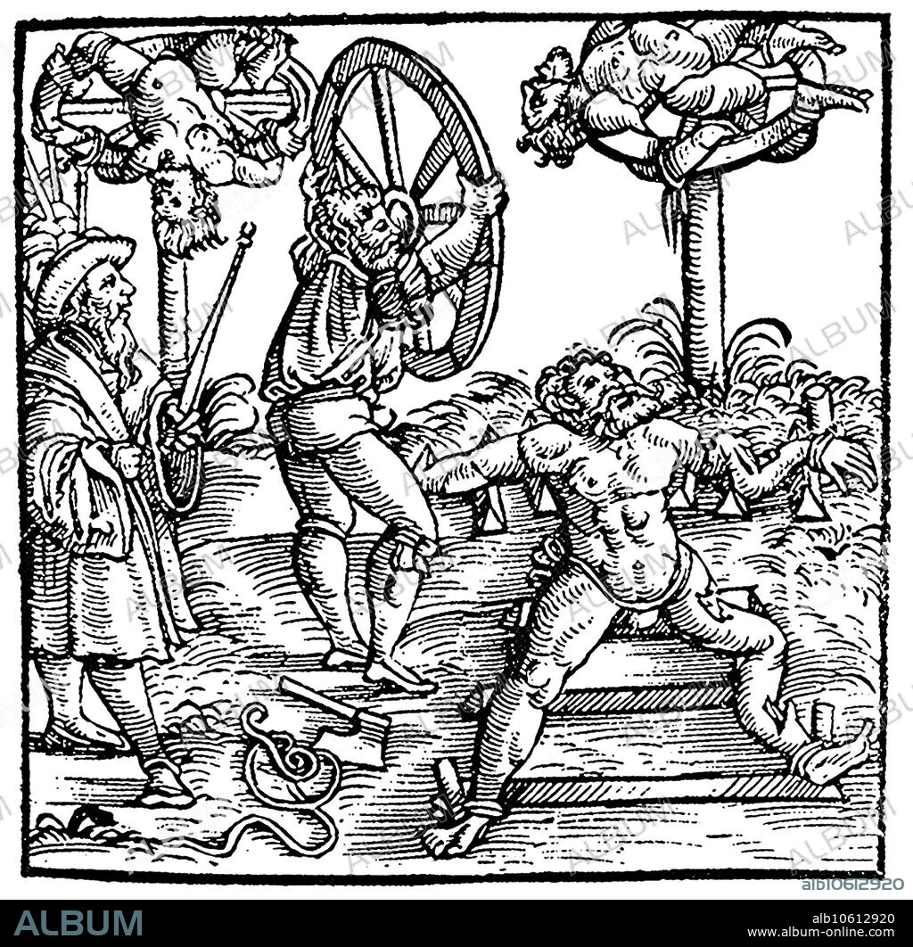 The breaking wheel, also known as the Catherine wheel or simply the wheel, was a torture device used for capital punishment from antiquity into early modern times for public execution by breaking the criminal's bones/bludgeoning him to death. As a form of execution, it was used from classical times into the 18th century, as a form of post mortem punishment of the criminal, the wheel was still in use in 19th century Germany. The wheel was typically a large wooden wagon wheel with many radial spokes. The condemned were lashed to the wheel and their limbs were beaten with a club or iron cudgel, with the gaps in the wheel allowing the limbs to give way and break. Alternatively, the condemned were spreadeagled and broken on a saltire, a cross consisting of two wooden beams nailed in an X shape, after which the victim's mangled body might be displayed on the wheel.