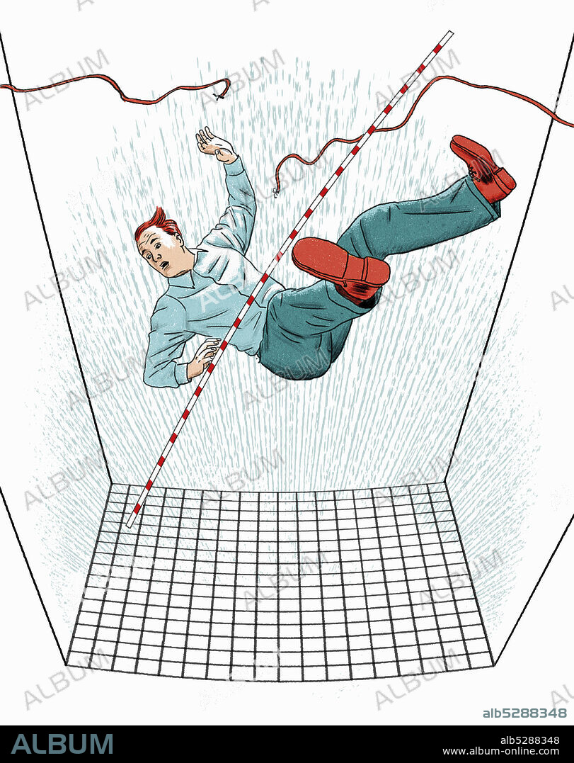 Businessman falling from broken tightrope into safety net.