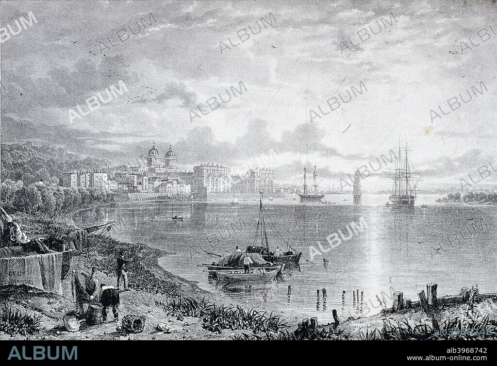View of Greenwich Hospital, Greenwich, London, 1822. From the (same) bank of the River Thames showing fishing boats and ships on the river.