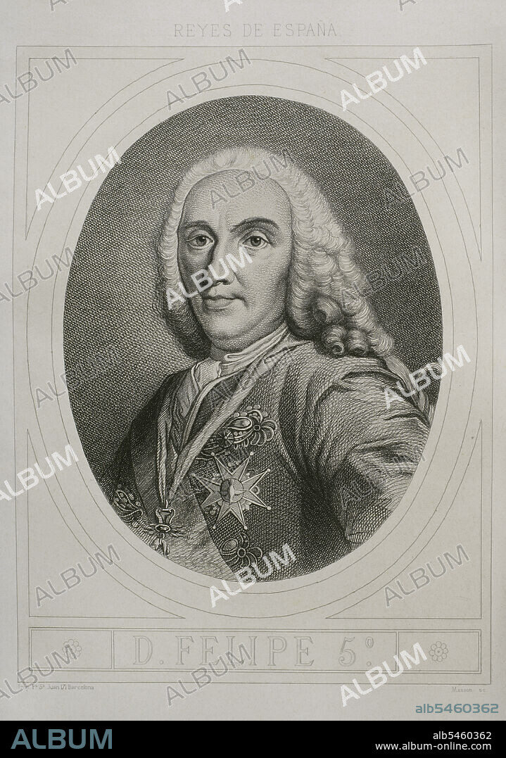 ANTOINE MASSON (1636-1700). FRENCH ARTIST.. Felipe V (1683-1746). Rey de España (1700-1746), llamado "el Animoso". Retrato. Grabado por Masson. Litografiado por Magín Pujadas. Historia General de España, por Modesto Lafuente. Tomo IV. Publicado en Barcelona, 1879.