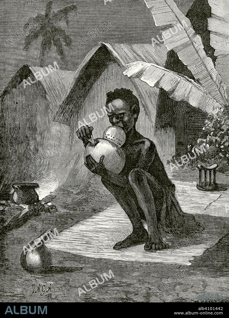 Central Africa. Indigenous smoking Cannabis. Engraving. Africa inexplorada, el Continente Misterioso by Henry Morton Stanley, c. 1887.