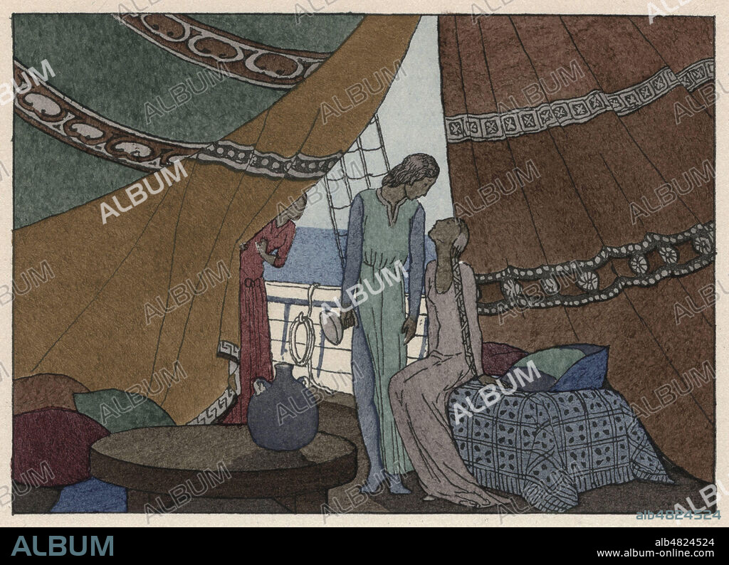 Sur le bateau qui les ramene en Cornouaille, Tristan et Iseut la Blonde s'etreignent apres avoir bu le philtre d'amour. Illustration de 1946 par Andre MARTY (1882-1974) pour Le Roman de Tristan et Iseut par Joseph BEDIER (1864-1938). ADAGP. Credit : Collection Jonas/Kharbine-Tapabor.