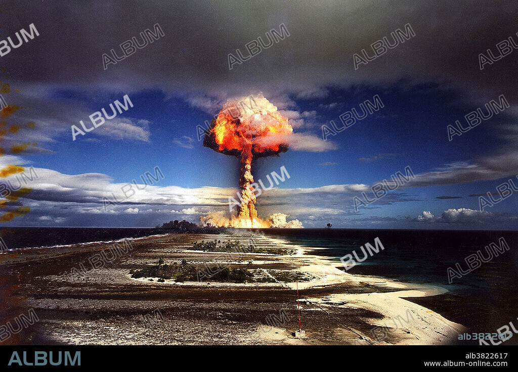France pursued a series of nuclear tests from 1966 through 1996 at Mururoa Atoll, French Polynesia. This photograph is from the 914-kiloton Licorne (Unicorn) test, July 3, 1970. Fangataufa is permanently uninhabited. It is classified as a Common Military Zone. The zone includes the lagoon areas enclosed by the atoll and by baselines linking the closest points emerging from the reef on both sides of the channel. Entry is prohibited without authorization.