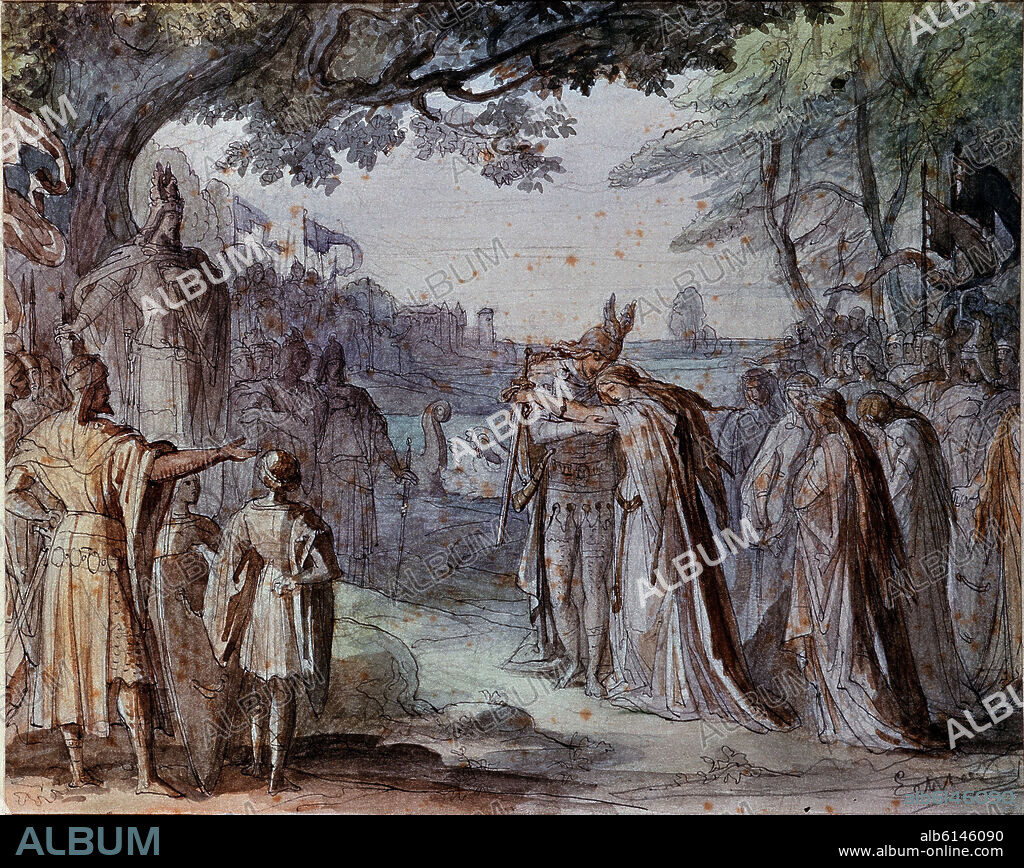 ANGELO QUAGLIO DER JÜNGERE. LOHENGRIN DE RICARDO WAGNE - PROMESA DE MATRIMONIO - ACTO I - SIGLO XIX.