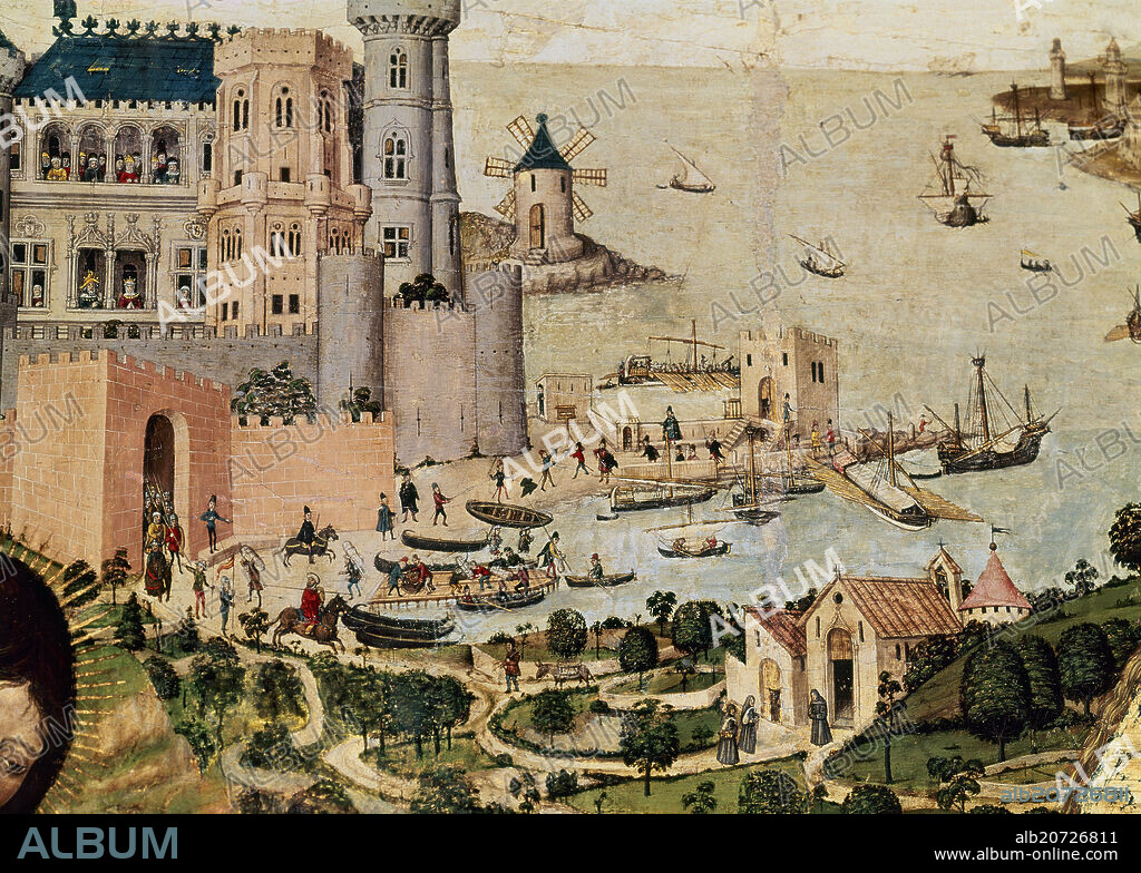 PEDRO NISART (SIGLO XV) PERE NISART. RETABLO DE SAN JORGE SIGLO XV - DETALLE DEL PUERTO DE PALMA DE MALLORCA - GOTICO ESPAÑOL.