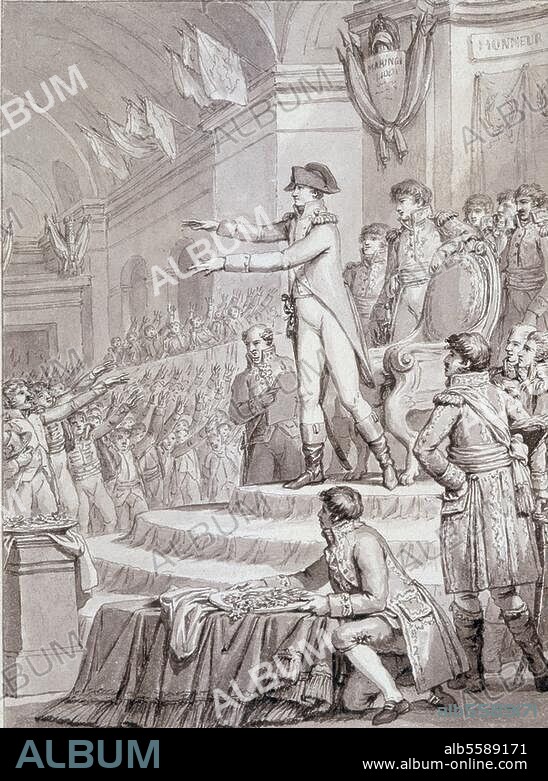 Napoléon Ier Bonaparte, empereur des Français ; 1769-1821. "L'Empereur reçoit le serment des membres de la Légion d'Honneur". Plume, encre de Chine, de Charles Monnet. (1732-1817), Histoire de France, Napoléon le Grand, H. 0,135 ; L. 0,101. MM. 54.12.15. Rueil-Malmaison, Musée du Château.
