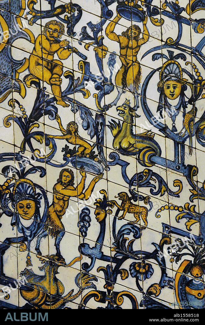 Escenas mitológicas en el panel de azulejos procedente de la escalera de sillar del antiguo monasterio de San Bento da Saúde en Lisboa, h. 1640. Loza policromada. Museo Nacional del Azulejo. Lisboa, Portugal.