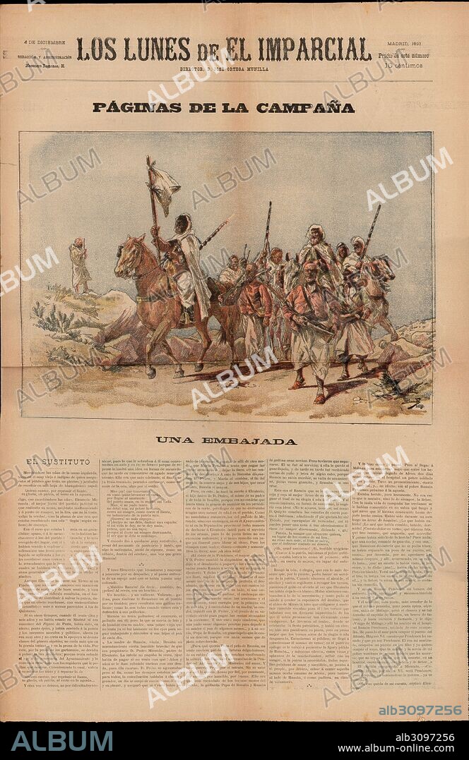 Portada del semanario Los Lunes de El Imparcial con información de la guerra de Marruecos. Un grupo de soldados marroquíes enarbolando una bandera blanca. Madrid, 4 de diciembre de 1893.