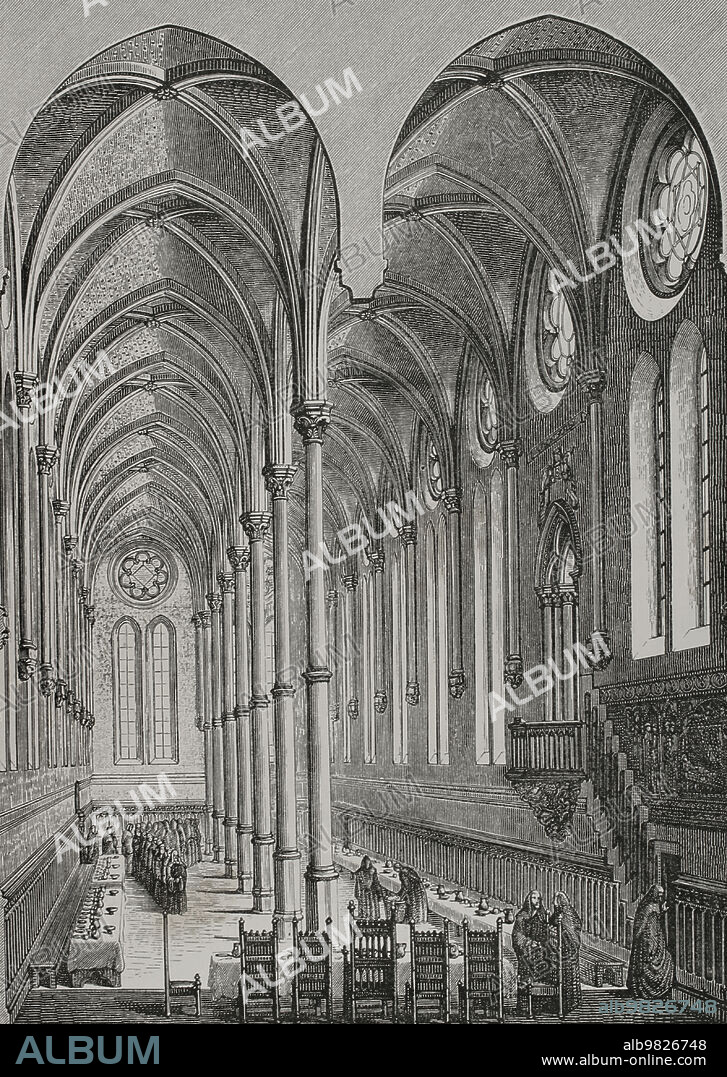 Francia. París. Priorato de Saint-Martin-des-Champs. Refectorio. Siglo XIII. Grabado. "Vie Militaire et Religieuse au Moyen Age et à l'Epoque de la Renaissance". París, 1877.