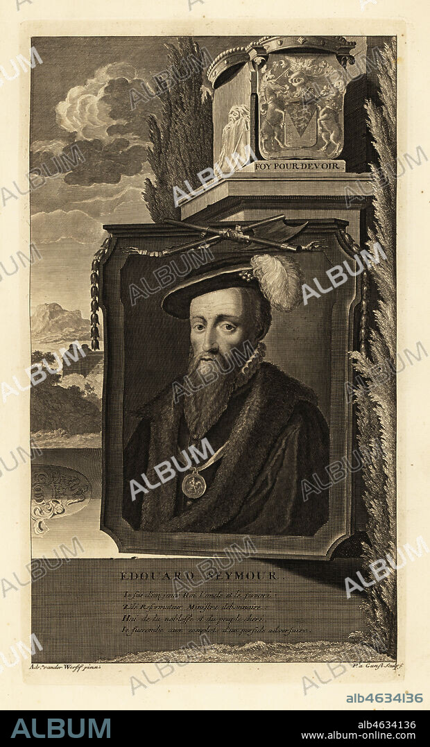 Portrait of Edward Seymour, 1st Duke of Somerset, Lord Protector of England. In cap with feather, fur-lined cape, medallion with knight in armour on ribbon, coat of arms. Copperplate engraving by Pieter Stevens van Gunst after Adriaen van der Werff from Isaac de Larreys Histoire dAngleterre, dEcosse et dIrlande, Reinier Leers, Rotterdam, 1713.