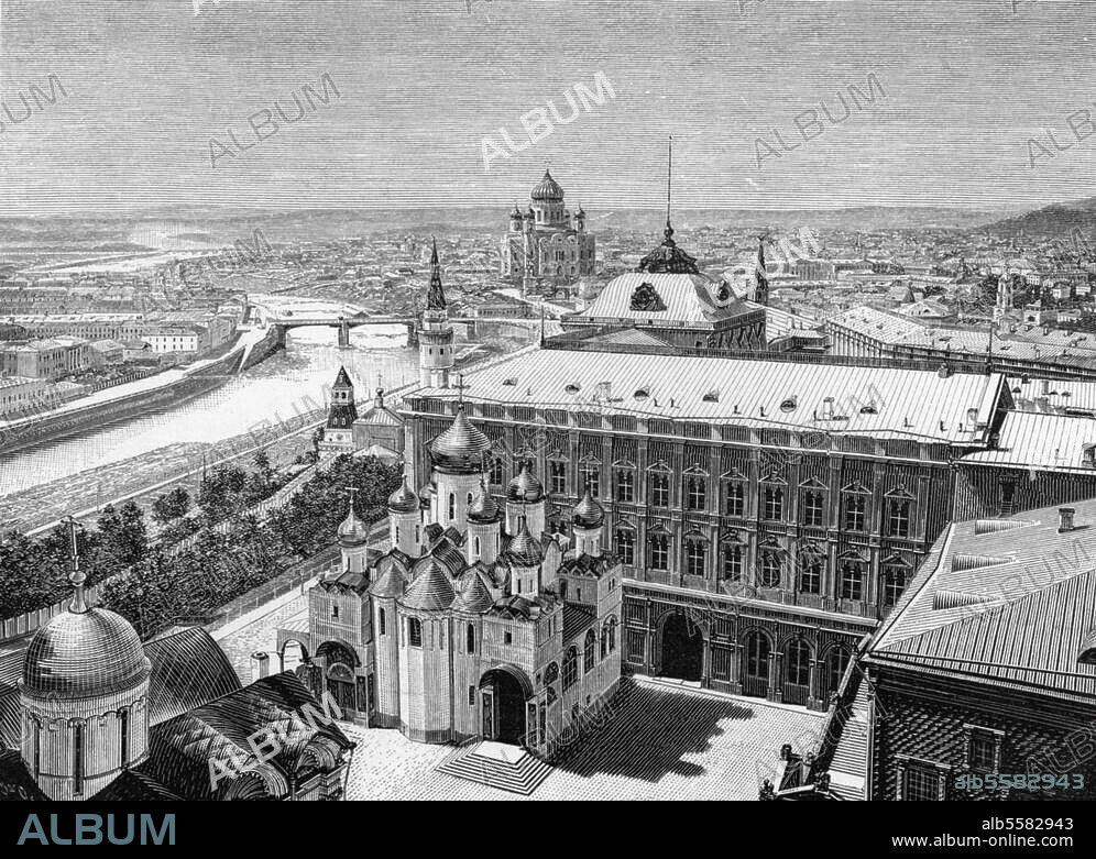 Moskau, Kreml. Blagowestschenie- (Mariae Verkündigungs-) Kathedrale und Großes Kreml-Palais; im Hintergrund die Erlöserkirche. Holzstich, 1881.