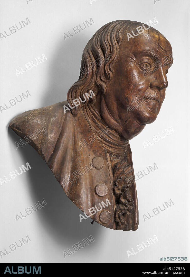 Artist: William Rush, American, 17561833, Subject: Benjamin Franklin, American, 17061790, M.A., 1753, Benjamin Franklin 1706-1790 M.A. (hon.) 1753, North American white pine, 21 1/2 × 15 3/4 × 15 in. (54.6 × 40 × 38.1 cm), Made in United States, American, 18th century, Sculpture.