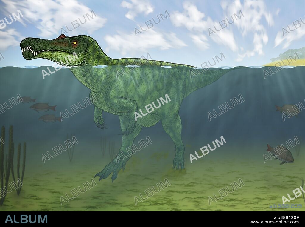 Baryonyx swimming amongst some Lepidotes fish.
