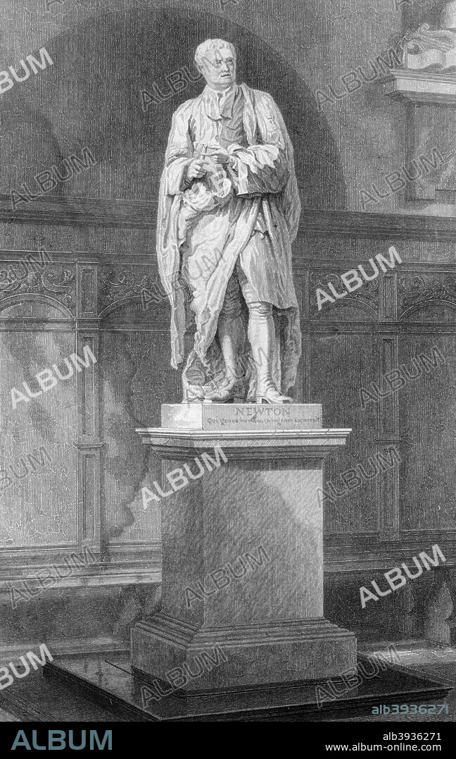 Statue of Sir Isaac Newton, English mathematician, astronomer and physicist, 19th century. Statue in the ante chapel, Trinity College, Cambridge. Newton's (1643-1727) discoveries were prolific and exerted a huge influence on science and thought. His theories of gravity and his three laws of motion were outlined in his greatest work, Philosophiae Naturalis Principia Mathematica (1687) and he is credited with discovering differential calculus. He also formulated theories regarding optics and the nature of light that led to him building the first reflecting telescope. Knighted by Queen Anne in 1705, Newton is buried in Westminster Abbey, London.
