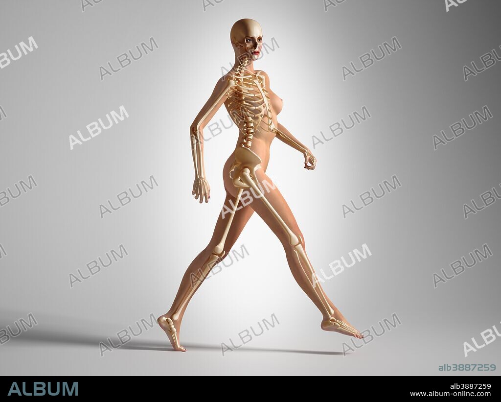 3D rendering of a naked woman walking, with skeletal bones superimposed.