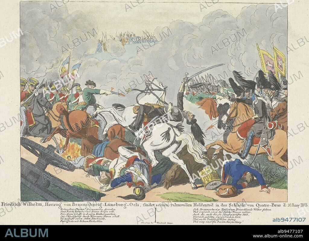 The death of Frederick William, Duke of Brunswick-Lüneburg-Oels during the battle of Quatre-Bras, June 16, 1815. In the caption two six-line verses in German., Fall of Frederick William of Brunswick, 1815 Friedrich Wilhelm, Herzog von Braunschweig-Lüneburg-Oels, findet seinen ruhmvollen Heldentod in der Schlacht von Quatre-Bras d: 16 Iuny 1815 , print maker: anonymous, publisher: Friedrich Campe, (mentioned on object), print maker: Germany, publisher: Neurenberg, 1815, paper, etching, h 185 mm × w 255 mm.