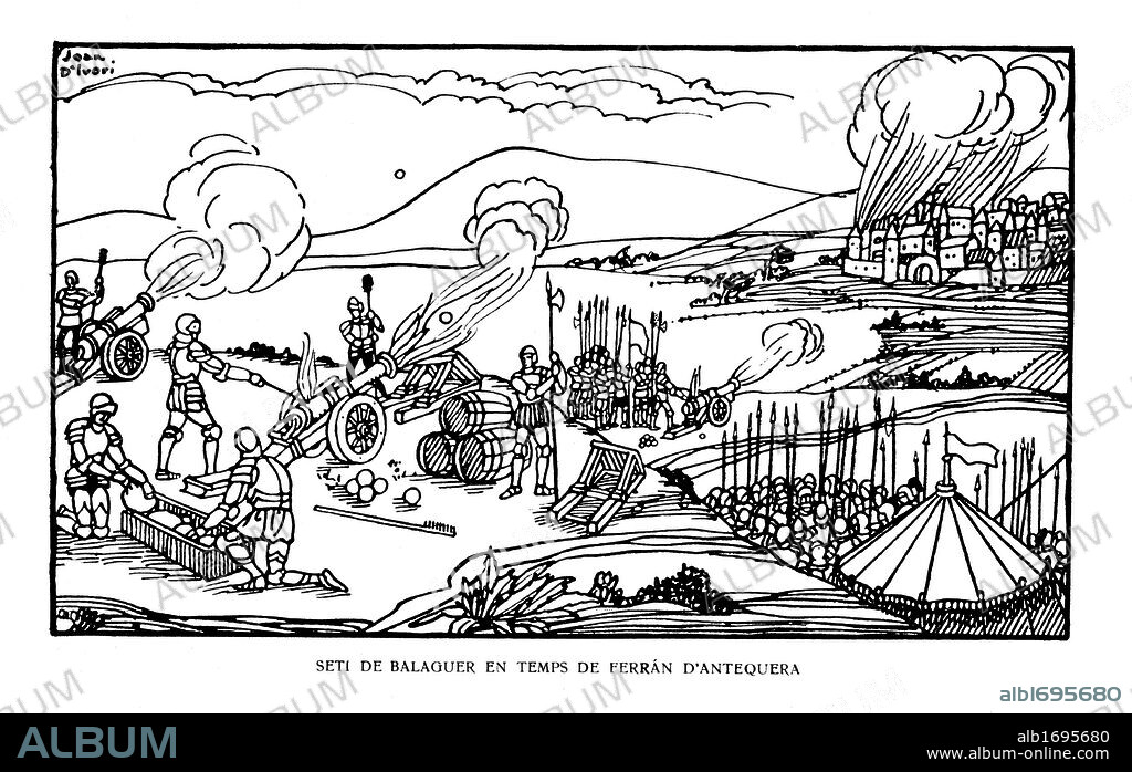 Sitio de Balaguer en tiempos de Fernando de Antequera. Historia popular de Catalunya, de Alfons Roure. Editada en Barcelona, 1919. Dibujo de Joan Vila i Pujol (Joan d'Ivori) (Barcelona, 1890-1947).