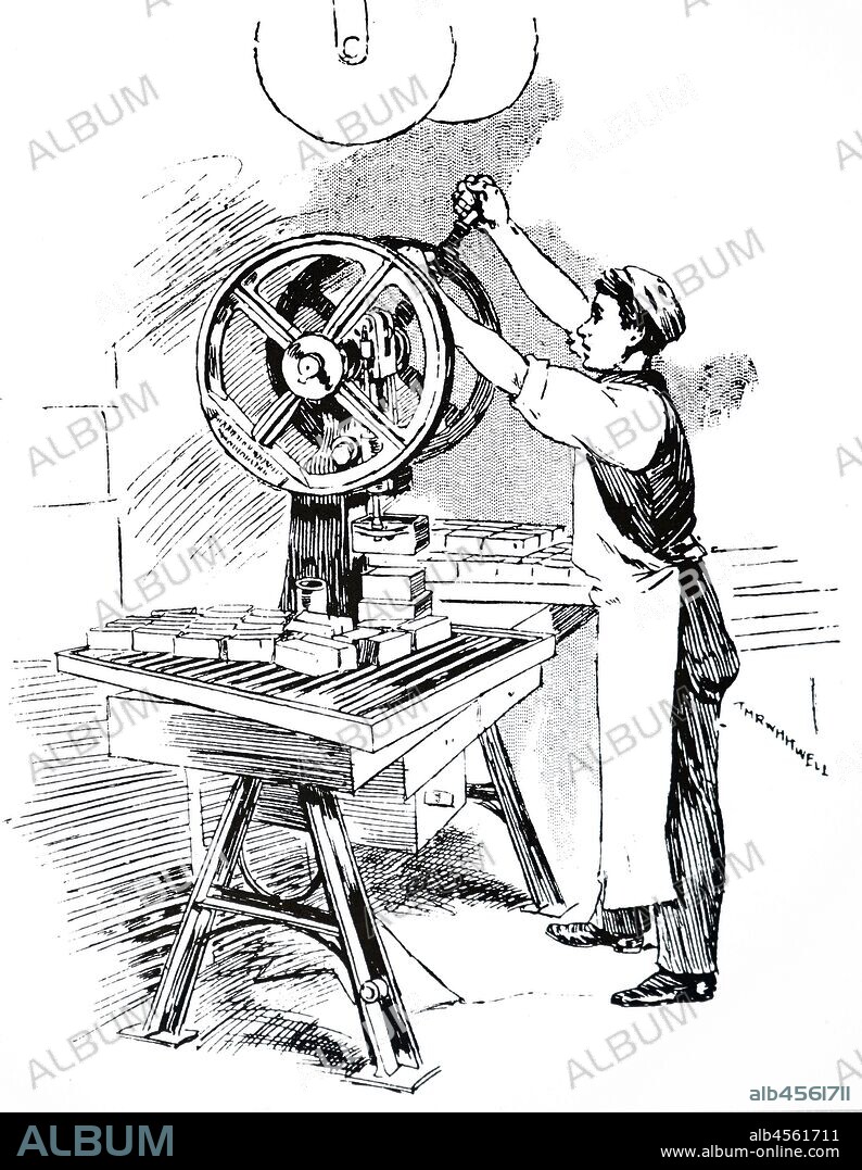 An engraving depicting the process of stamping out tablets of soap at Edward Cook & Co's soap factory. Bow Bridge. London. Dated 19th century.
