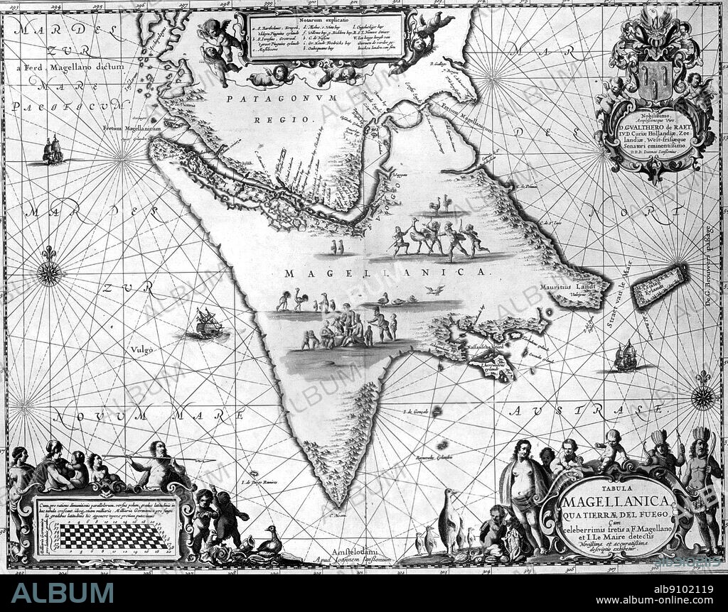 The Magellan Straits, from a sixteenth-century map. In the Tierra del Fuego an idyllic family group sits among rheas, penguins and geese while the warriors go hunting.