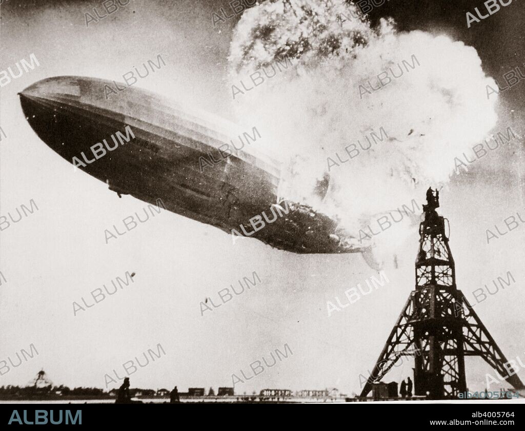 The German airship 'Hindenburg' blows up, Lakehurst, New Jersey, USA, 6 May 1937. The passenger airship 'Hindenburg' was destroyed when it caught fire while mooring. 13 passengers and 22 members of the crew were killed in the accident as well as one person on the ground. The disaster ended the era of airship travel.