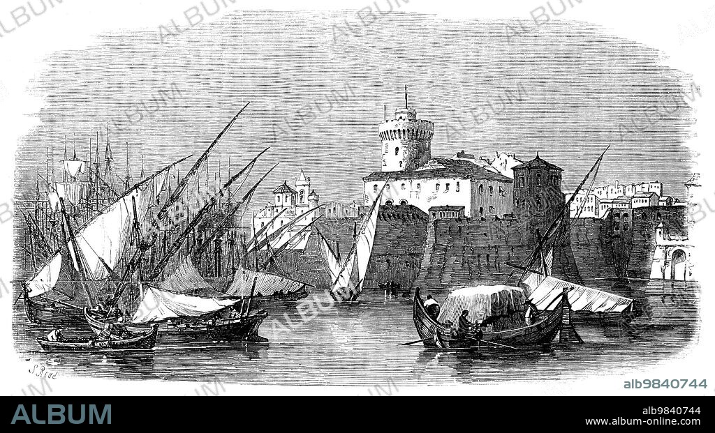 S READ. The Port of Leghorn, 1858. Livorno in Italy, '...a town of considerable trade, importing corn, woollens, cottons, hardware, and salt-fish; exporting silk in thread or manufactured, straw hats, oil, iron from the first Napoleon's petty empire of Elba, potash, alabaster, and coral. About six hundred foreign vessels annually enter its busy port, and at least two thousand coasting-vessels...Its imports some few years since were valued at nearly £3,000,009 annually; its exports at £2,500,000...Leghorn is situated on the slope which descends from the hills of Montenero, at the southern angle of a marshy and barren level lying between those hills and the River Arno...a railroad now connects the busy port with its sister city, Florence...The harbour is of tolerable dimensions, with a mole upwards of a mile in length, terminated by a lighthouse; both mole and lighthouse, as we have said, were erected by Cosmo I. Vessels of heavy burden do not enter the harbour, but lie in the offing, where there is excellent anchorage. Small craft are admitted into the darsena, an interior harbour or dock'. From "Illustrated London News", 1858.