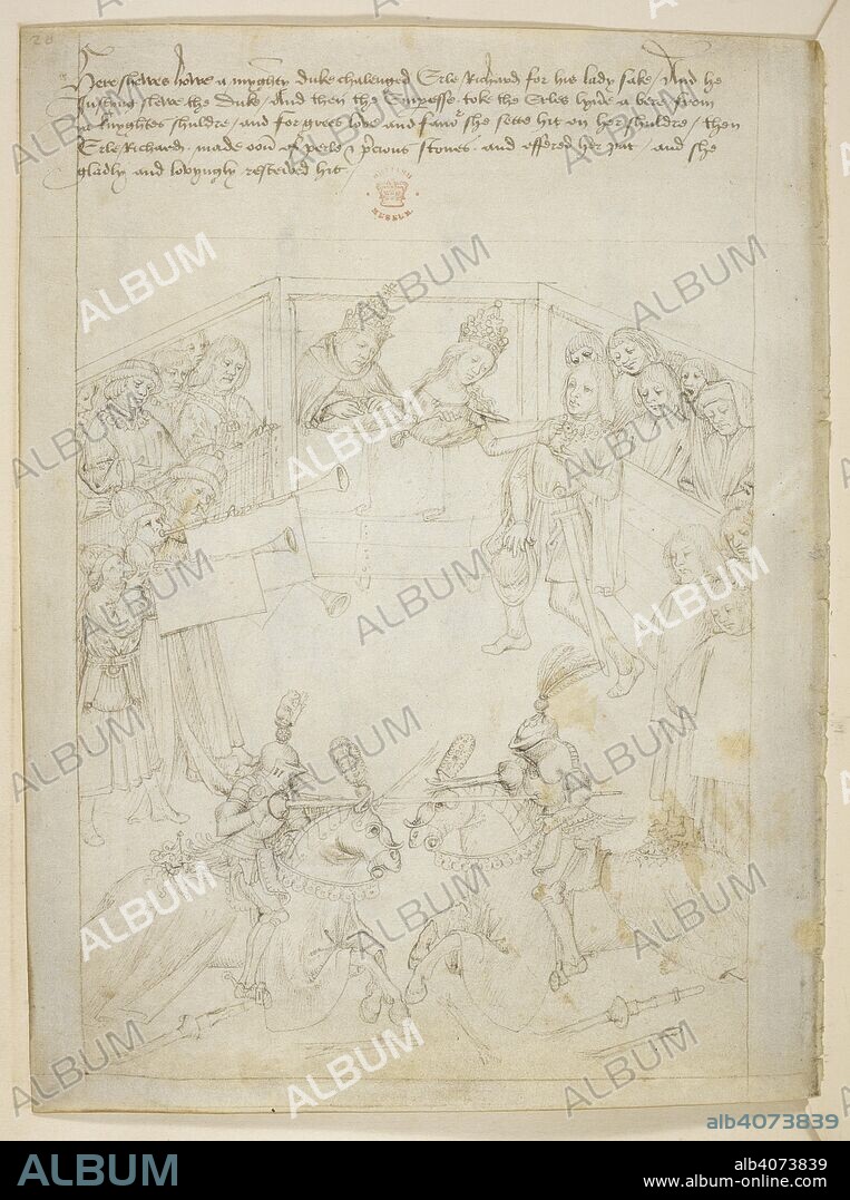 Pageant XXXIV. Richard Beauchamp, Earl of Warwick jousting with the Duke before the Emperor Sigismond and the Empress Barbara, seated with the court. The trumpeters blow a fanfare as Richard mortally wounds his opponent in the chest.The Empress shows her favour to Richard, as she reaches out to take the bear badge from his knight, who bends his knee to her. The drawing shows a joust Ã  outrance, fought as it would have been before 1429 when the tilt was introduced. Beauchamp Pageants. S. Netherlands [Bruges?]; after 1483. Source: Cotton Julius E. IV, art. 6, f.17v. Language: English.