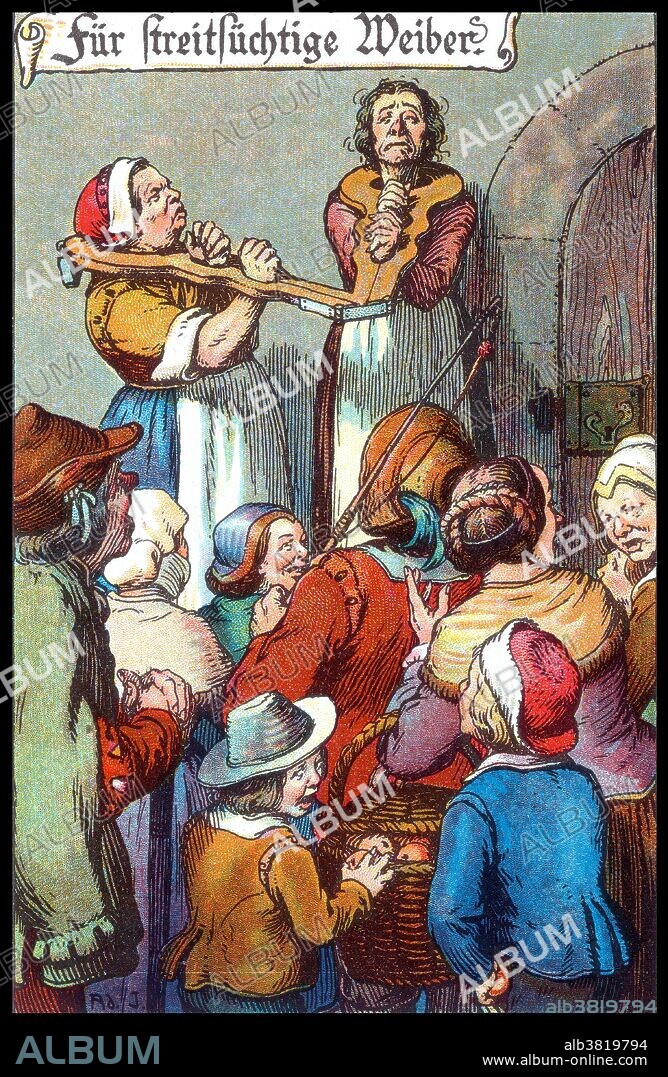 German postcard depicting medieval punishment quarrelsome women. The pillory was a device made of a wooden or metal framework erected on a post, with holes for securing the head and hands, formerly used for punishment by public humiliation and often further physical abuse. The pillory is related to the stocks. Ernest Nister (1841-1906) was a publisher and printer of movable books for children and paper ephemera such as greeting cards, post cards, and calendars. He refined the techniques used in the design of magic windows, dissolving picture, and pop-up books, publishing them from his firm based in Nuremberg, a toy-making center of the 19th century. Reprinting, Nuremberg, 1910.