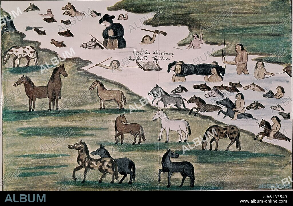 FLORIAN PAUCKE (1719-1780). INDIOS CRUZANDO UN RIO A LOS MISIONEROS - DIBUJO SIGLO XVIII.