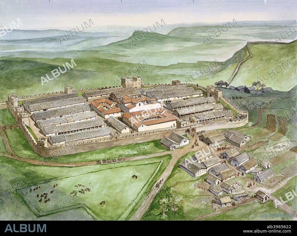 Housesteads Roman Fort, 2rd century, (c1990-2010). Housesteads Roman Fort (Vercovicium), Northumberland. Aerial view reconstruction drawing. An auxiliary fort on Hadrian's Wall in the civil parish of Bardon Mill in Northumberland, England, built in stone around AD 124 and part of the Roman province of Britannia. Its name has been variously given as Vercovicium, Borcovicus, Borcovicium, and Velurtion.