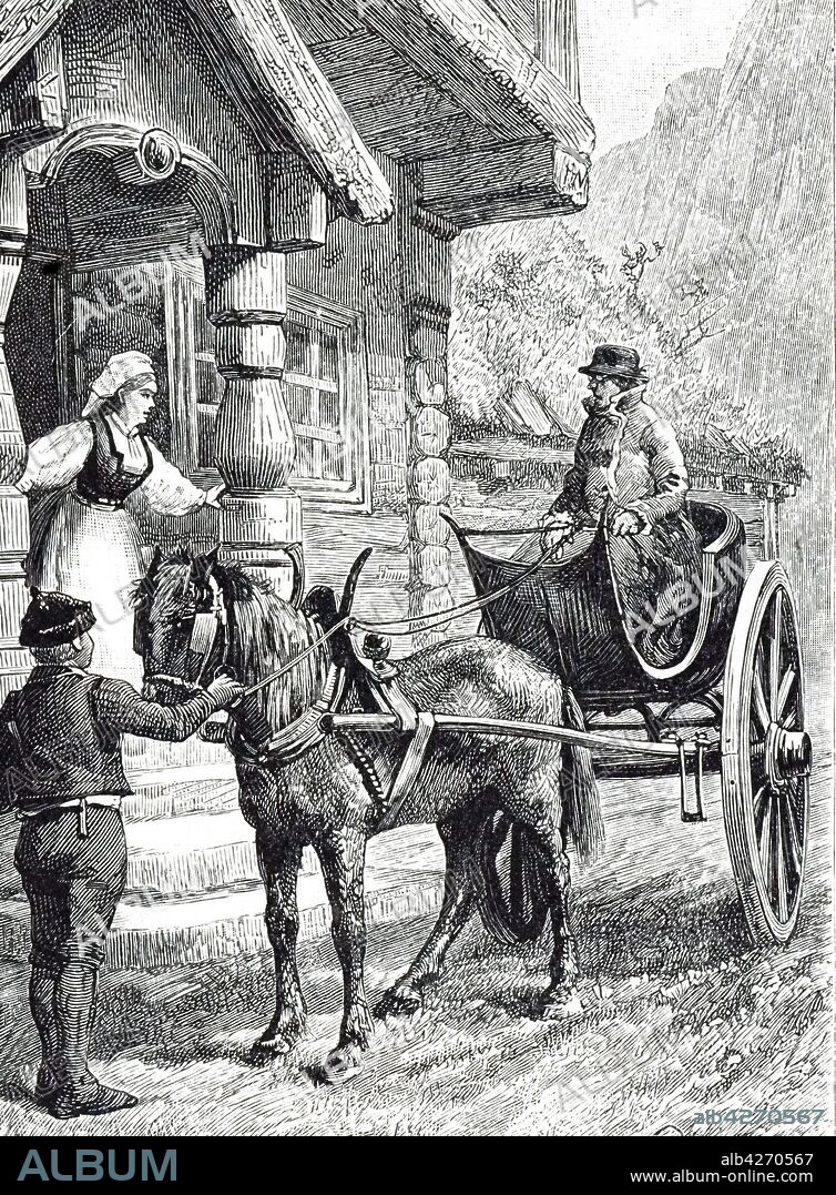 An engraving depicting a gig - a light two-wheeled carriage pulled by one horse. Dated 19th century.