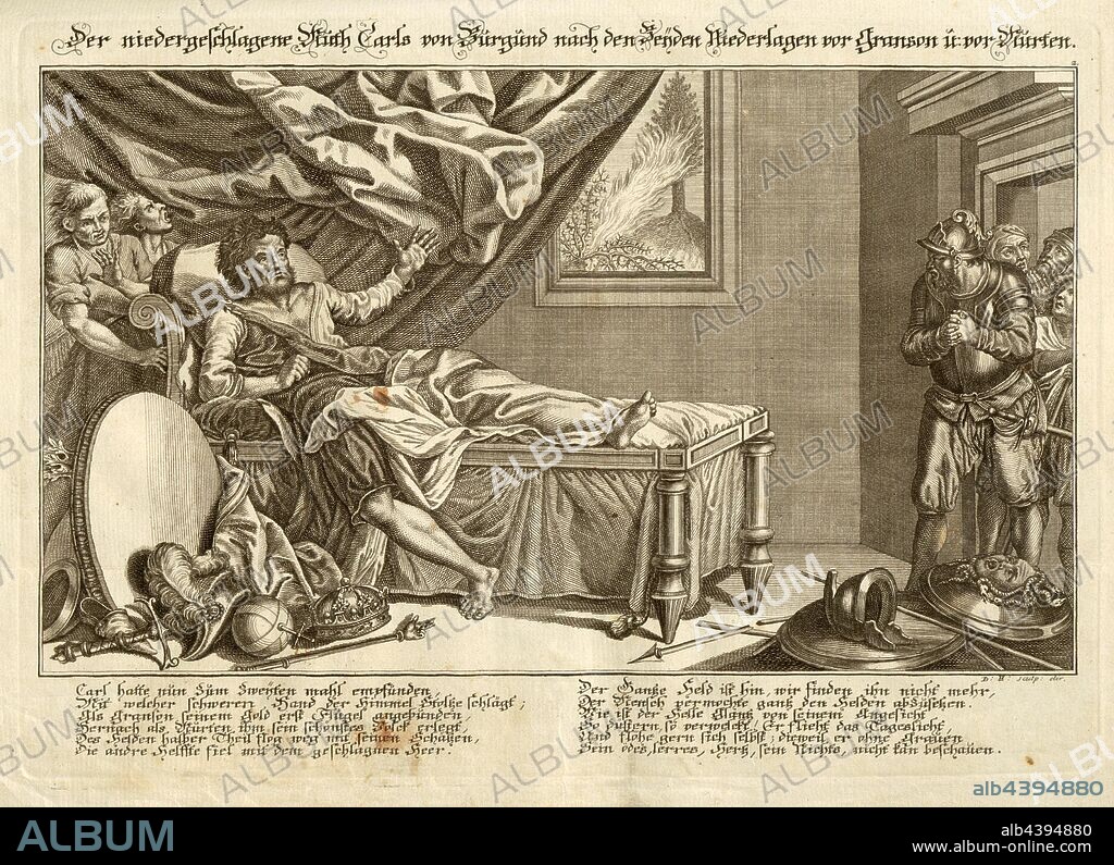 The dejected courage of Carls of Burgundy after the two defeats at Granson u. in front of Murten, Charles the Bold after the Battle of Grandson and Murten, signed: D. H. sculp., to you, Fig. 5, to p. 350, Herrliberger, David (sc. et. dir.), Diebold Schilling: Diebold Schillings Beschreibung der burgundischen Kriegen: und einicher anderer in der Schweitz, und sonderlich zu Bern, um selbige Zeit vorgefallenen merckwürdigen Begebenheiten. Bern: gedruckt bey Frantz Samuel Fätscheryn, 1743.