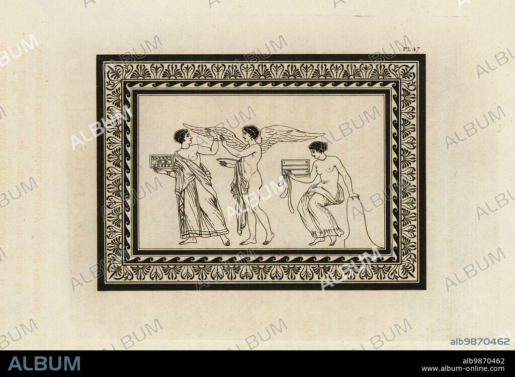 Clytemnestra, Agamemnons wife, and Chrysothemis, their daughter, offering presents at the tomb of Agamemnon. The winged genius of Agamemnon or Iphigenia appears in the centre. Copperplate engraving by Thomas Kirk (1765-1797) from Sir William Hamiltons Outlines from the Figures and Compositions upon the Greek, Roman and Etruscan Vases of the Late Sir Hamilton, T. MLean, London, 1834.