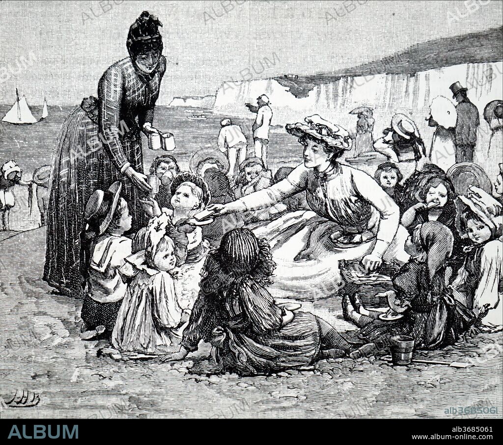 Illustration depicting a seaside outing for poor children. Dated 19th century.