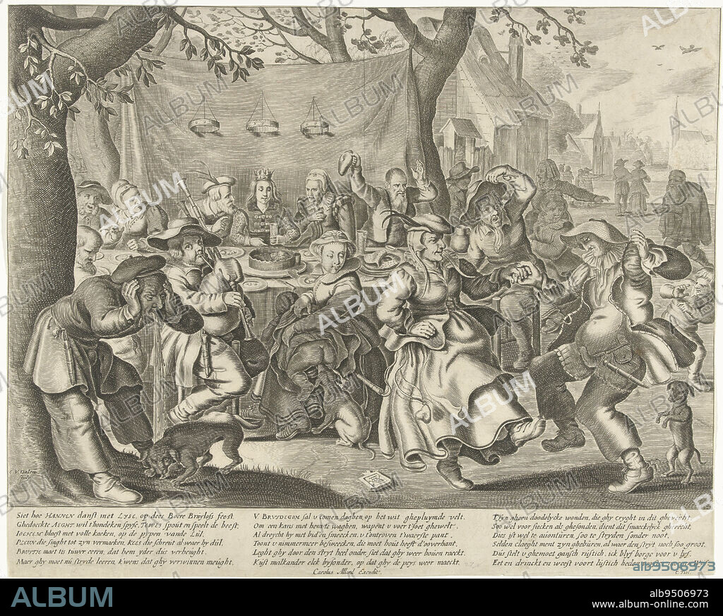 Peasant Wedding, Cornelis van Dalen (I), after Adriaen Pietersz van de Venne, 1622 - 1665, Peasant wedding with guests seated at table with feast and dancing peasants. The scene incorporates several obscene details, a dog eats the vomit of a man and another dog licks the dirty buttocks of a child. In the margin below a mocking verse in three stanzas by C. Tiel., print maker: Cornelis van Dalen (I), (mentioned on object), Adriaen Pietersz. van de Venne, (mentioned on object), publisher: Carel Allard, (mentioned on object), Amsterdam, 1622 - 1665, paper, engraving, h 408 mm × w 505 mm.