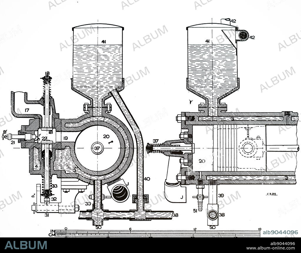 A transverse and longitudinal sections of a Benz 4.375 single cylinder petrol engine. Dated 20th century.