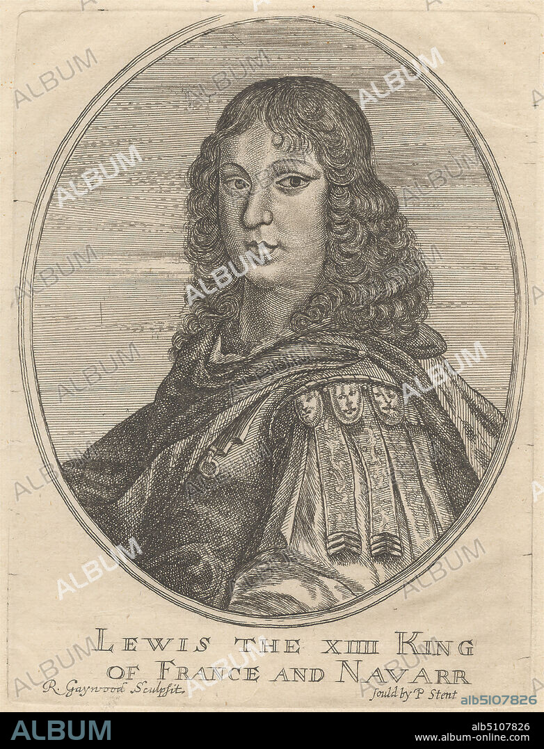 Portrait of Louis XIV, King of France and Navarre, Richard Gaywood, active 16501680, Published by Peter Stent, active 16421665, British, undated, Etching and stipple engraving on moderately thick, slightly textured, cream laid paper, Sheet: 10 15/16 x 6 7/8 inches (27.8 x 17.4 cm), Plate: 6 x 4 1/2 inches (15.2 x 11.4 cm), and Image: 5 1/4 x 4 5/16 inches (13.3 x 11 cm), armour, curls, half-length figures, king (person), livery collar, mantle, medallions, nobleman, oval, portrait, posing, regal.