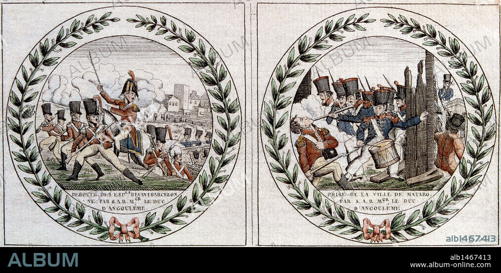 Ejército de "LOS CIEN MIL HIJOS DE SAN LUIS", capitaneados por el DUQUE DE ANGULEMA (1775-1844) que fue enviado por la SANTA ALIANZA en 1823 para poner fin al periodo conocido por "TRIENIO LIBERAL" (1820-1823) en España. Viñetas con la "DERROTA DE LAS TROPAS DEL EJERCITO CONSTITUCIONAL POR FUERZAS FRANCESAS A LAS AFUERAS DE BARCELONA" y "TOMA DE MATARO". Museo Municipal. Madrid. España.