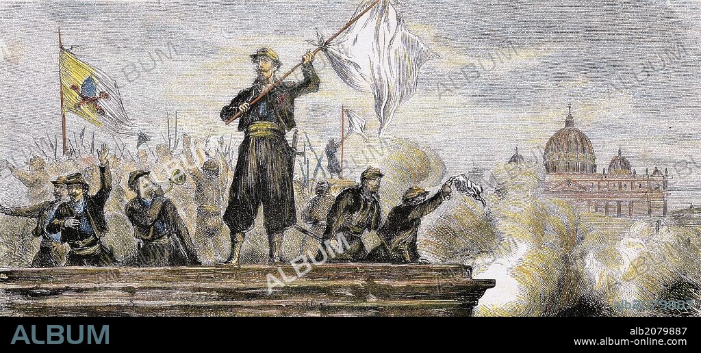 UNIFICACION ITALIANA (1859-1924). "LAS TROPAS PONTIFICIAS PIDEN PARLAMENTO POR ORDEN DE SU SANTIDAD EN ROMA". Grabado coloreado de la Ilustración Española y Americana, año 1870.