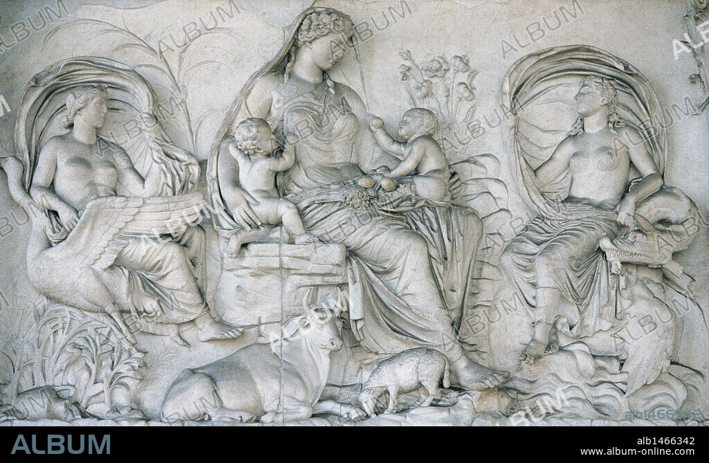 Roman Art. Italy. Ara Pacis Augustae. Tellus panel. Relief depicting Tellus nursing Romulus and Remus. Dated 13 BC. Champ de Mars. Rome.