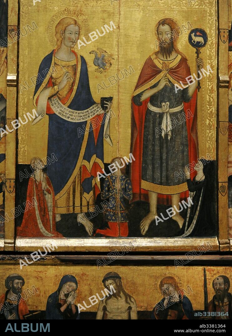 Retablo de los Santos Juanes, hacia 1356. Detalle con la representación de San Juan Bautista y San Juan Evangelista y, a sus pies, tres donantes. En la parte inferior, San Pedro, la Virgen María, Cristo, San Juan Evangelista y San Pablo. Maestro de Santa Coloma de Queralt (activo en Cataluña hacia el tercer cuarto del siglo XIV). Procede de la Capilla del Castillo de Santa Coloma de Queralt (Conca de Barberà). Museo Nacional de Arte de Cataluña. Barcelona. Cataluña. España.