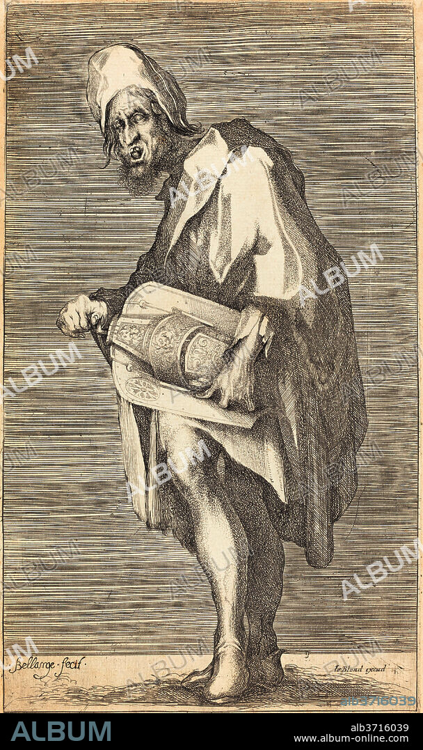 JACQUES BELLANGE. The Blind Hurdy Gurdy Player. Dimensions: sheet (trimmed within plate mark): 30 x 17.5 cm (11 13/16 x 6 7/8 in.)  support: 33.8 x 19.8 cm (13 5/16 x 7 13/16 in.). Medium: etching and engraving on laid paper; laid down.
