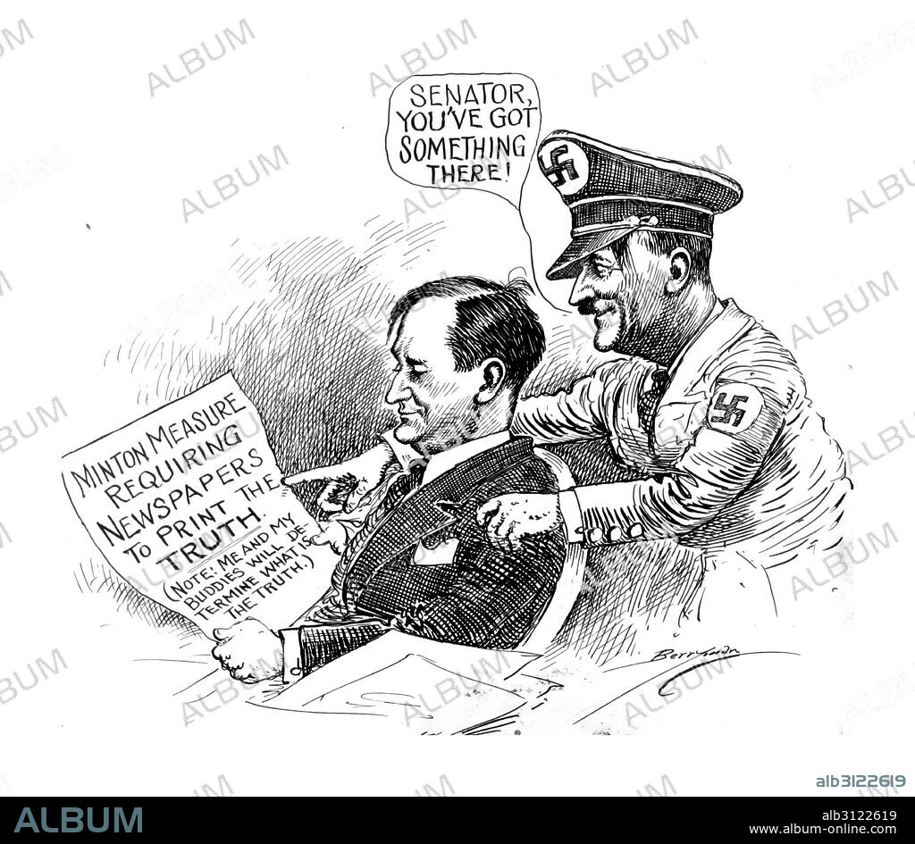 Political satire from the Berryman Political Cartoon Collection, depicting Adolf Hitler (1889-1945) Austrian-born German politician who was the leader of the Nazi Party and Chancellor of Germany, and Senator Sherman Minton (1890-1965) Democratic United States Senator from Indiana and an Associate Justice of the Supreme Court of the United States. By Clifford K. Berryman (1869-1949) Pulitzer Prize–winning cartoonist with the Washington Star newspaper. Dated 1943.
