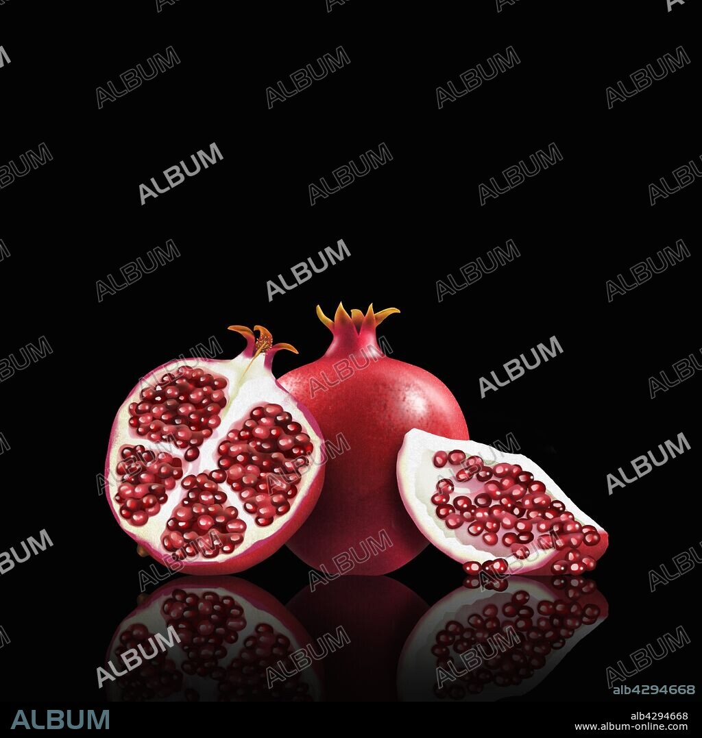 Whole and cut pomegranates.