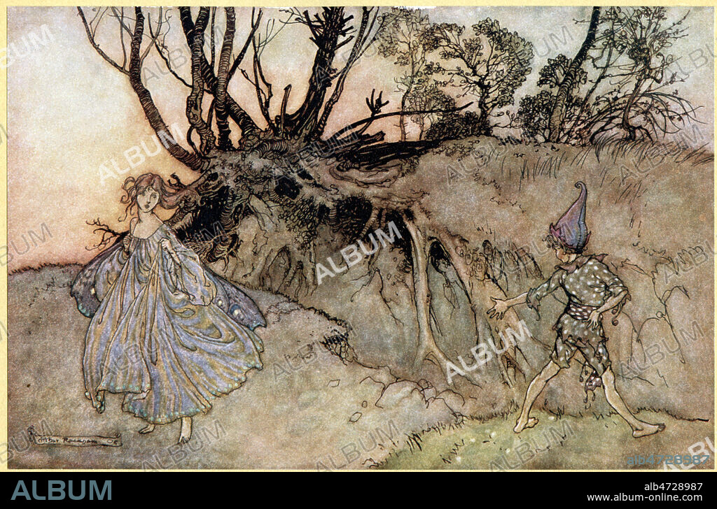 Lutin et nymphe (une FEE et PUCK le lutin de la piece). Illustration par Arthur RACKHAM (1867-1939) pour 'Le Songe d'une nuit d'ete' (A midsummer night's dream) de SHAKESPEARE (1564-1616), edition anglaise de 1911. Credit : Collection KHARBINE-TAPABOR.
