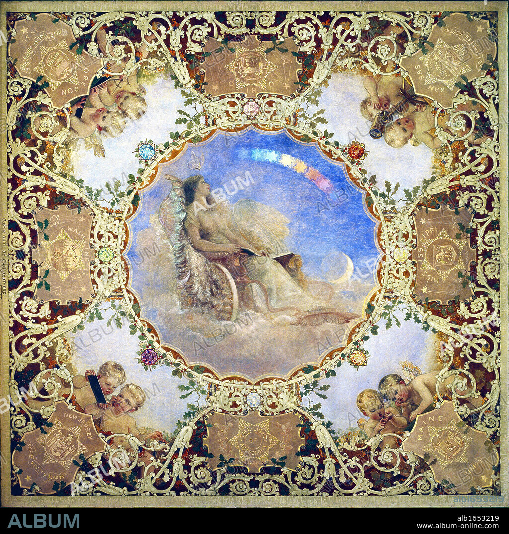 Light of Astronomy' panel in the' Spectrum of Light' ceiling mural representing civilization. Carl Gutherz (1844-1907) Swiss-born painter. House Members Room, Library of Congress Thomas Jefferson Building, Washington, D.C.